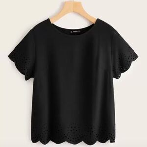 SHEIN Black Scalloped Laser-Cut Short Sleeve Tee